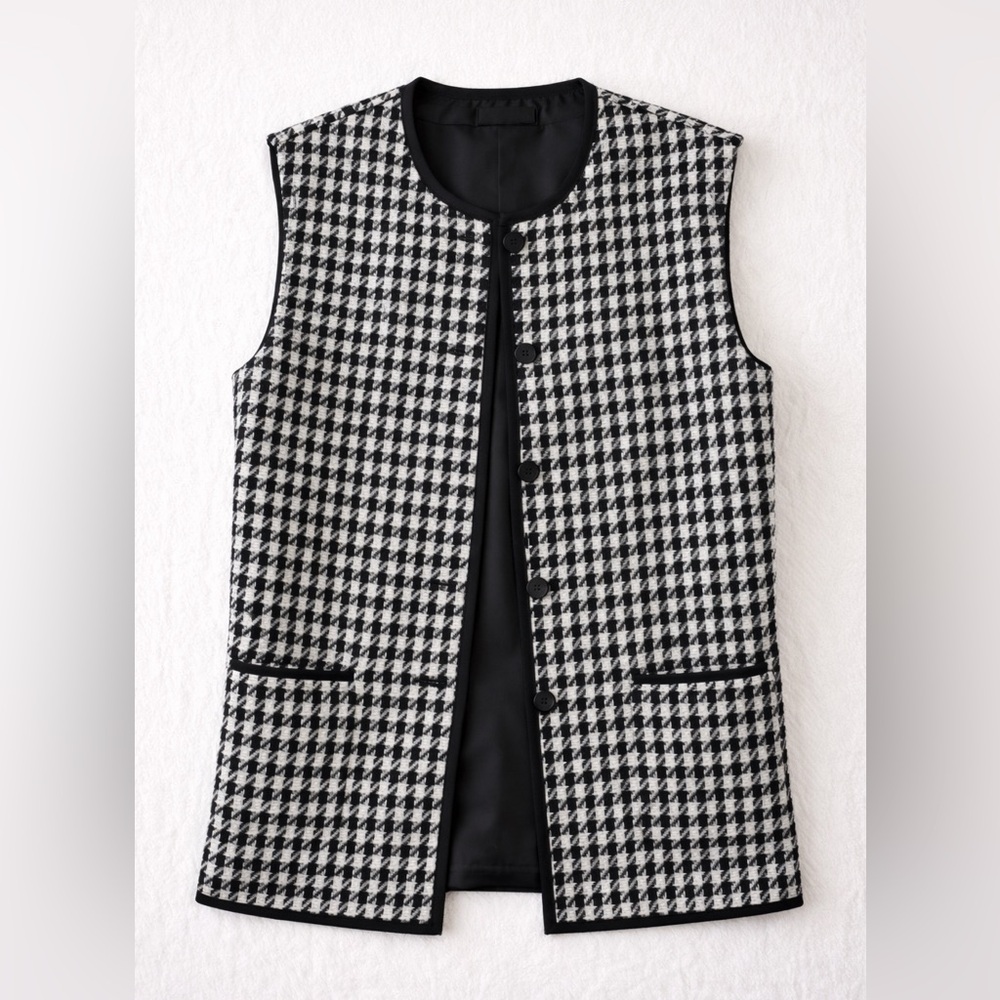 New York & Company Black and White Houndstooth Sleeveless Jacket